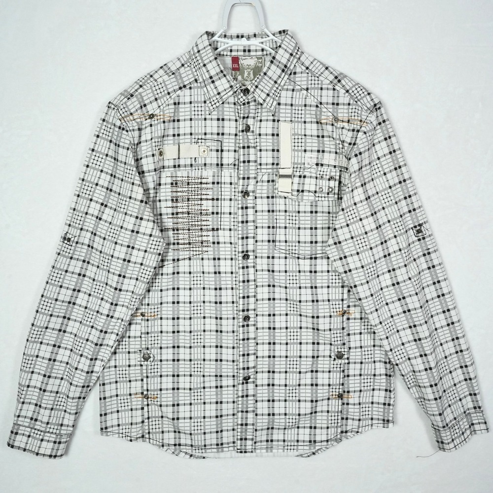 F.U.S.A.I. Jeans Mens XXL Plaid Button Snap Shirt Black White Utility Streetwear
